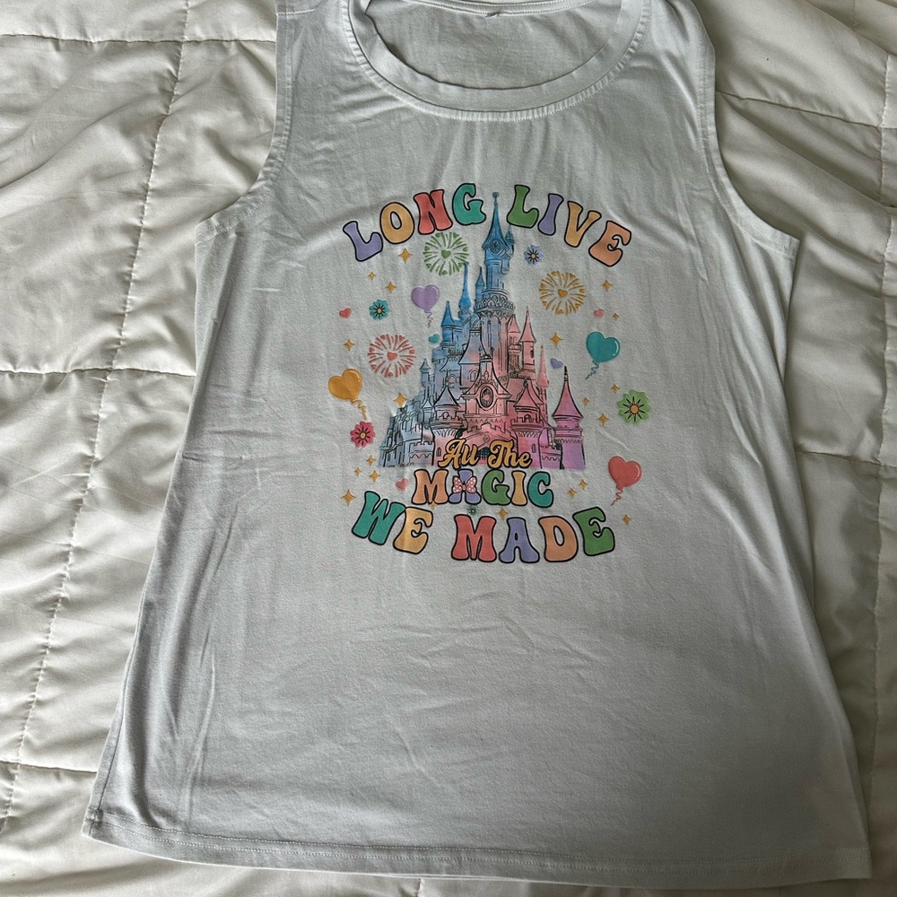 Disney themed White Tank Top with Colorful Castle Print